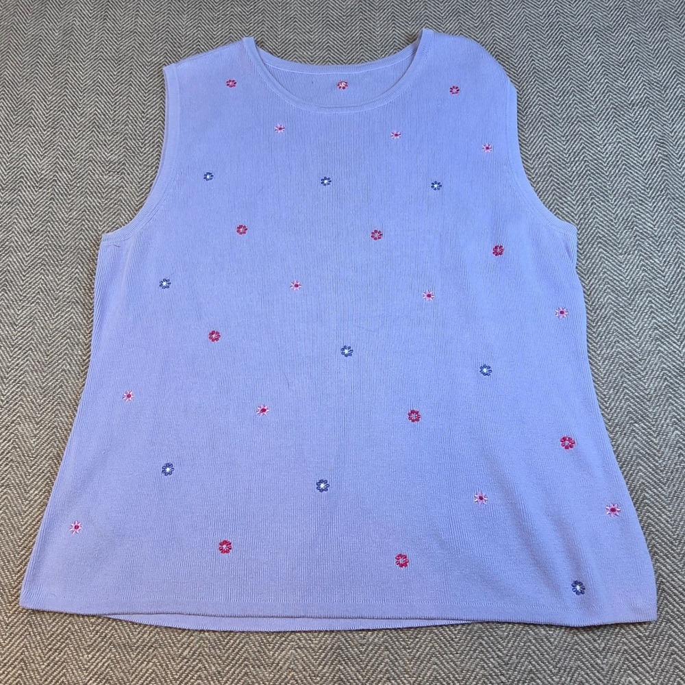 Lavender Sleeveless Knit Top Embroidered Floral Crew Neck Purple Tank